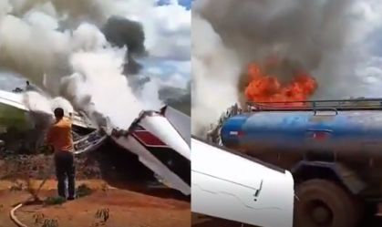 Avião com deputado e vereador faz pouso forçado e pega fogo em Rondônia