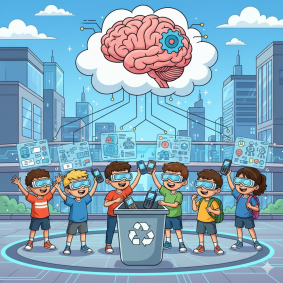 Imagem feita por inteligência artificial mostra crianças se livrando do celular mas, ao mesmo tempo, se conectando com a inteligência artificial