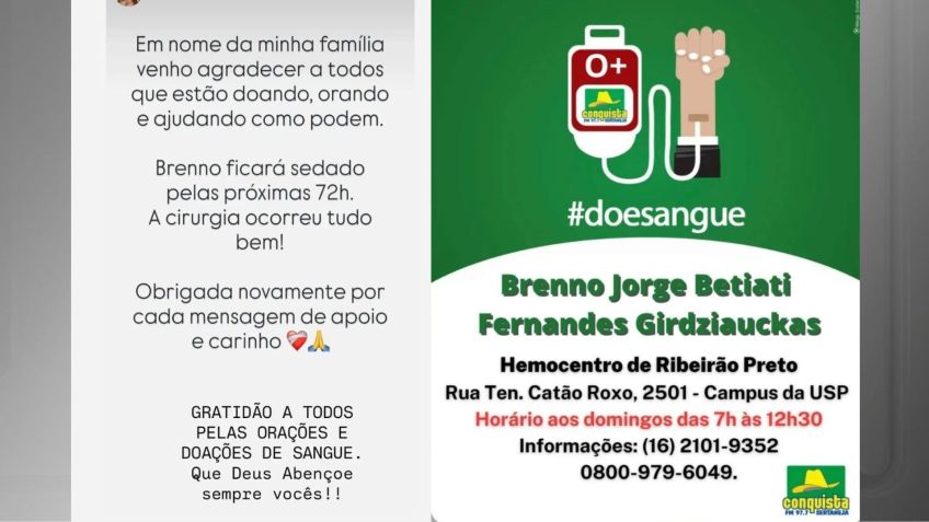 Família pede orações e agradece pelas doações de sangue • Reprodução;/redes sociais