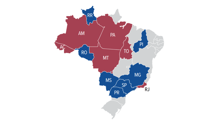 Mapa que mostra a presença hegemônica das duas maiores facções do país, o PCC (Azul) e o CV (Vermelho) • Fórum Brasileiro de Segurança Pública/Divulgação