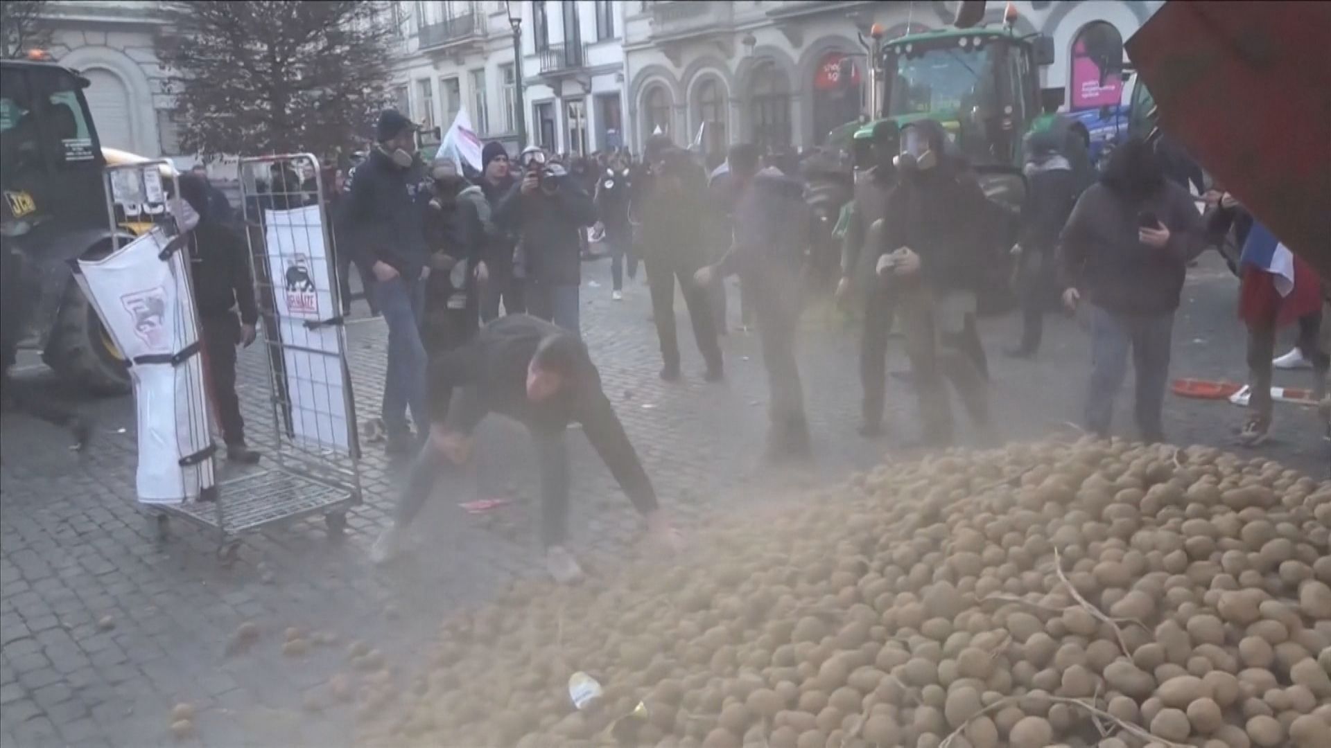 Manifestantes pegam batatas durante protesto em Bruxelas, na Bélgica