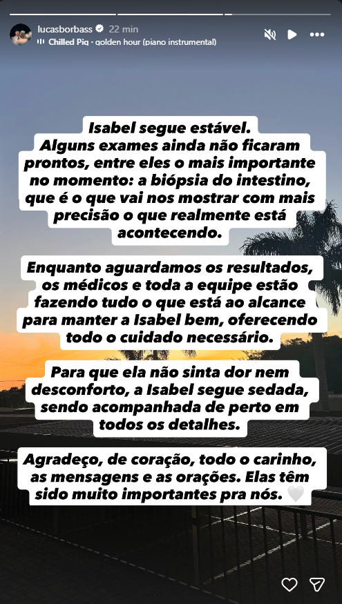 Marido de Isabel Veloso diz que esposa segue sedada em hospital • Instagram / Lucas Borbas