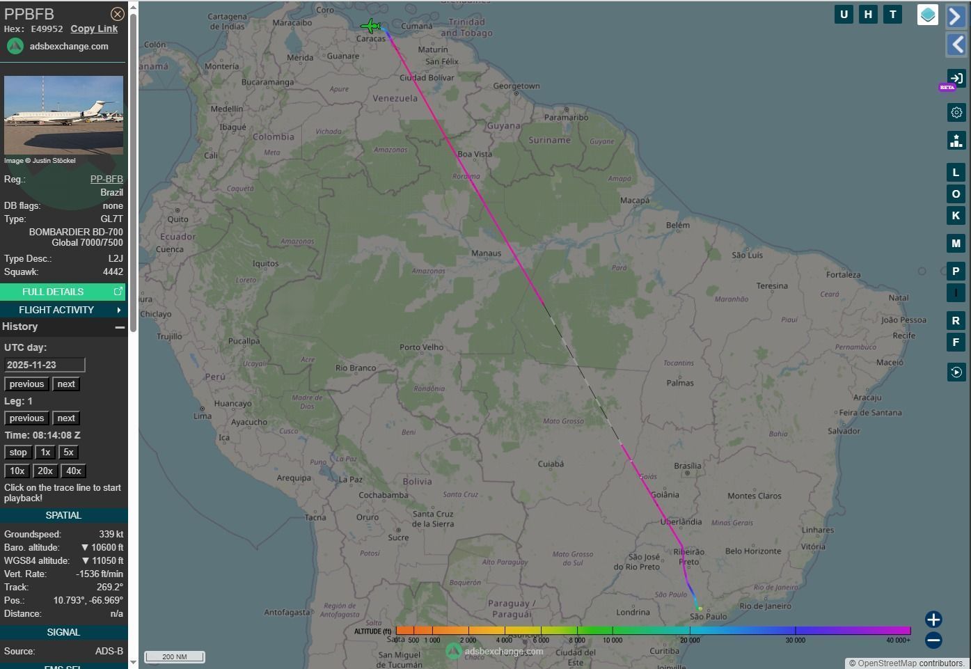 Rota da aeronave da J&F indo de São Paulo para a Venezuela • Reprodução/ADS-B Exchange