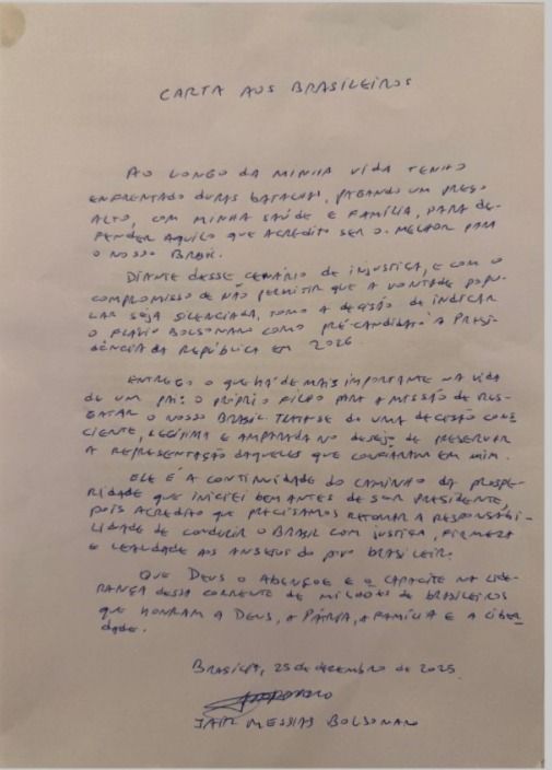 Carta assinada por Jair Bolsonaro • Reprodução
