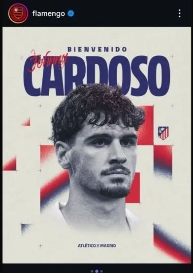 Flamengo colocou a arte da contratação de Jhonny Cardoso no Atlético de Madrid entre as fotos do anúncio da renovação com Filipe Luís
