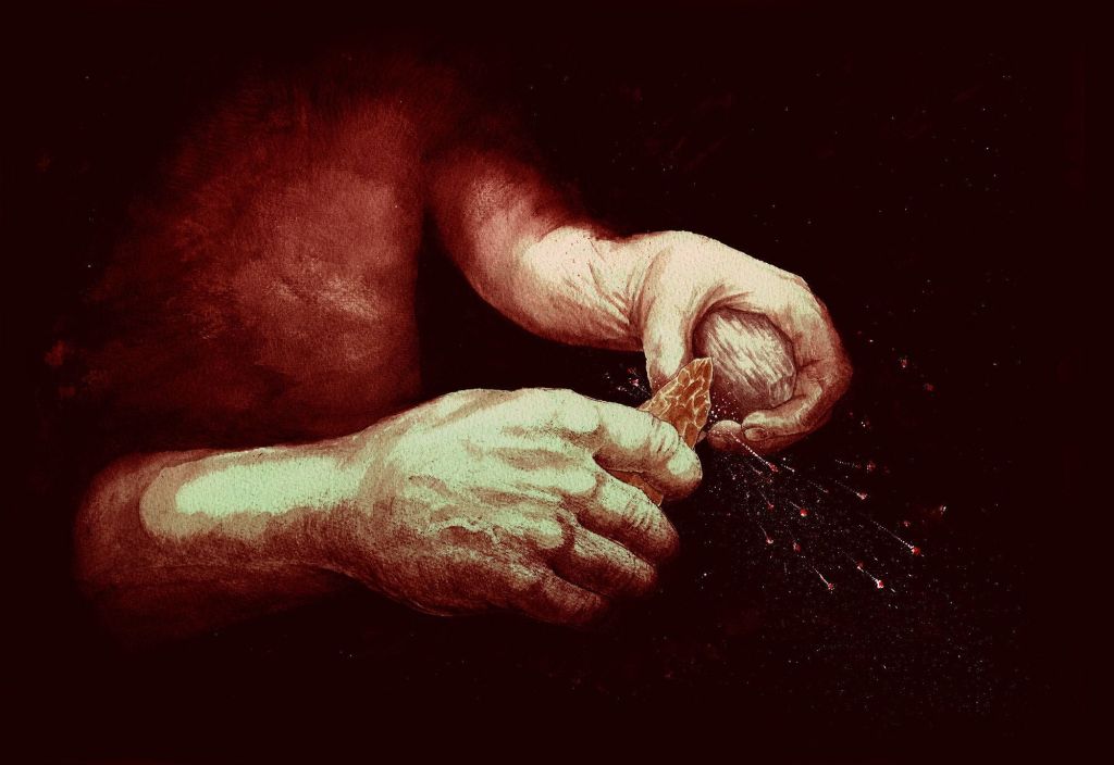 Ilustração artística das faíscas produzidas pelo atrito da pirita com sílex