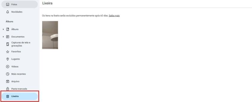 Como encontrar fotos antigas e perdidas no Google Fotos: Guia completo 3 A pasta "Lixeira" só guarda arquivos por até 60 dias • Reprodução/Google