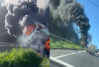 Caminhão carregado de madeira pega fogo em Minas Gerais