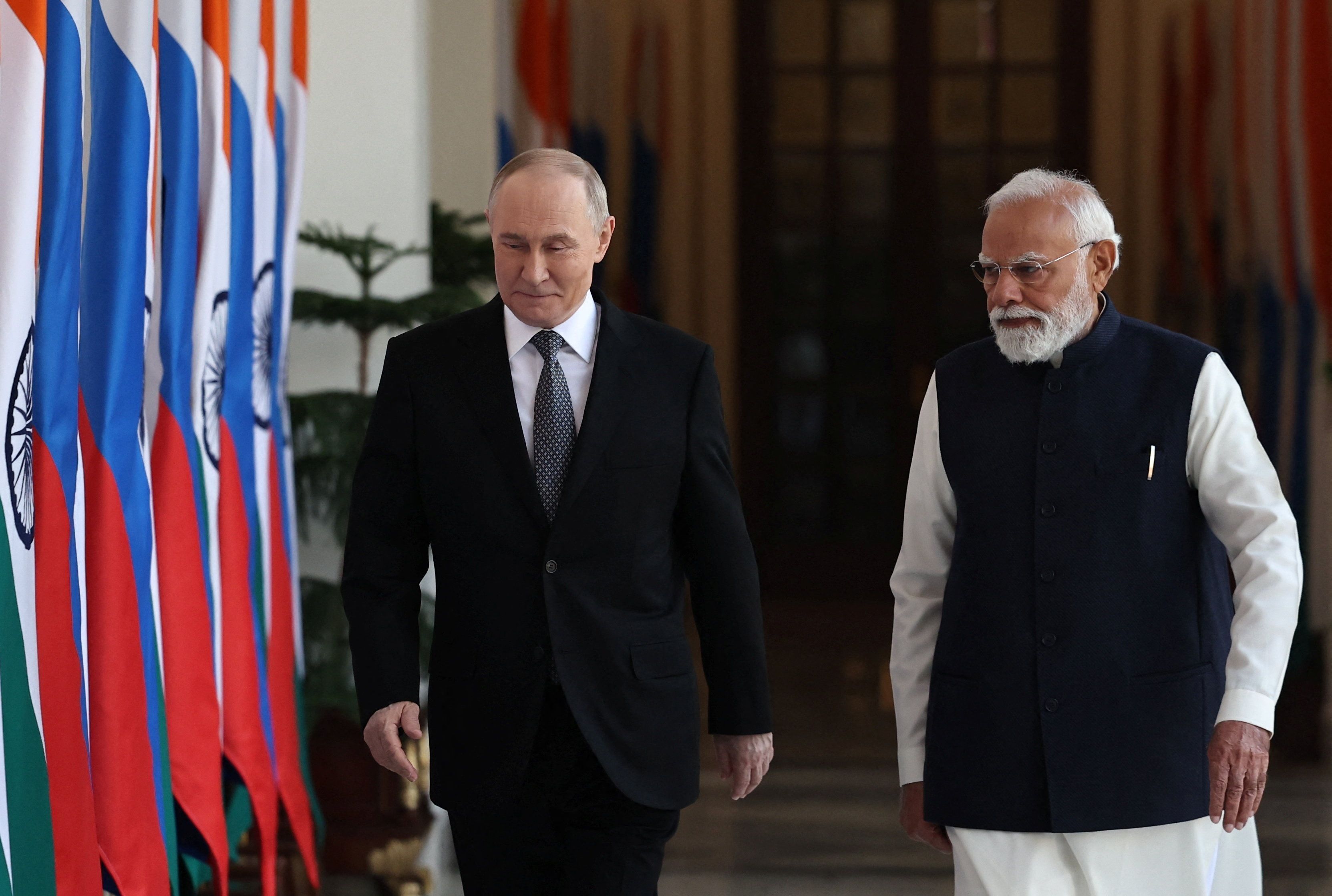 Vladimir Putin e Narendra Modi em Nova Délhi.