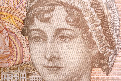 Imagem do retrato de Jane Austen presente na libra esterlina, moeda da Ingleterra