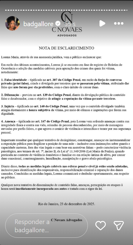 A assessoria jurídica de Lorena Maria afirma que a influenciadora registrou um B.O. contra MC Daniel • Instagram/Lorena Maria