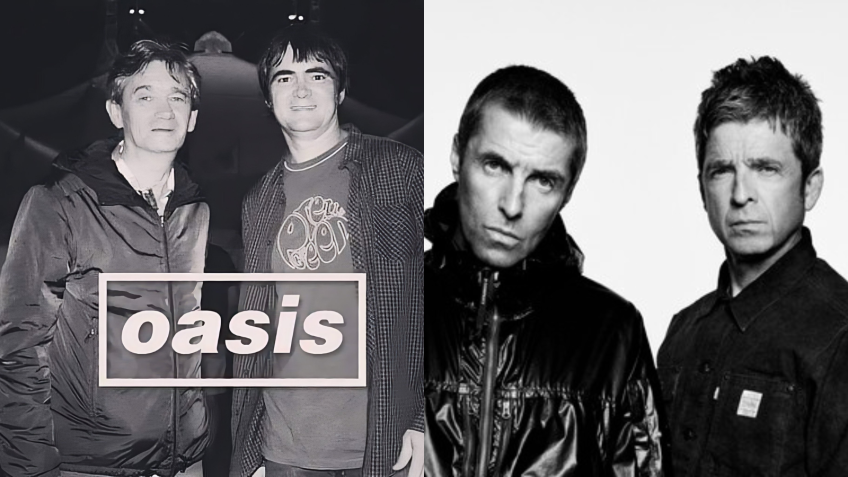 Foto que virou meme de Serginho Groisman e Samuel Rosa como Oasis • Foto 1: Reprodução/ X | Reprodução/ Spotify