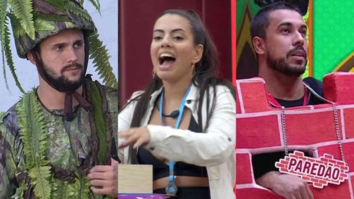 Arthur vestido de planta, Fernanda Bande ganhando uma Prova do Anjo e Maike com fanstasia de Paredão no castigo do monstro