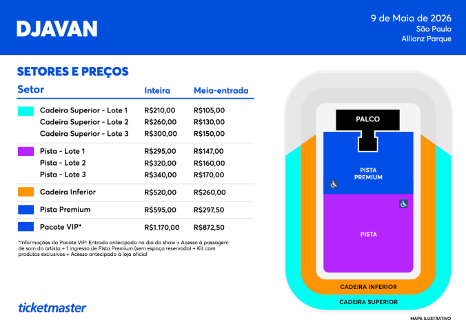 Turnê do Djavan em 2026; confira data e valores dos ingressos • Reprodução / Ticketmaster