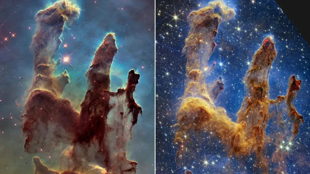 Hubble (à esquerda) e Webb capturaram perspectivas muito diferentes dos Pilares da Criação • Nasa/ESA/CSA