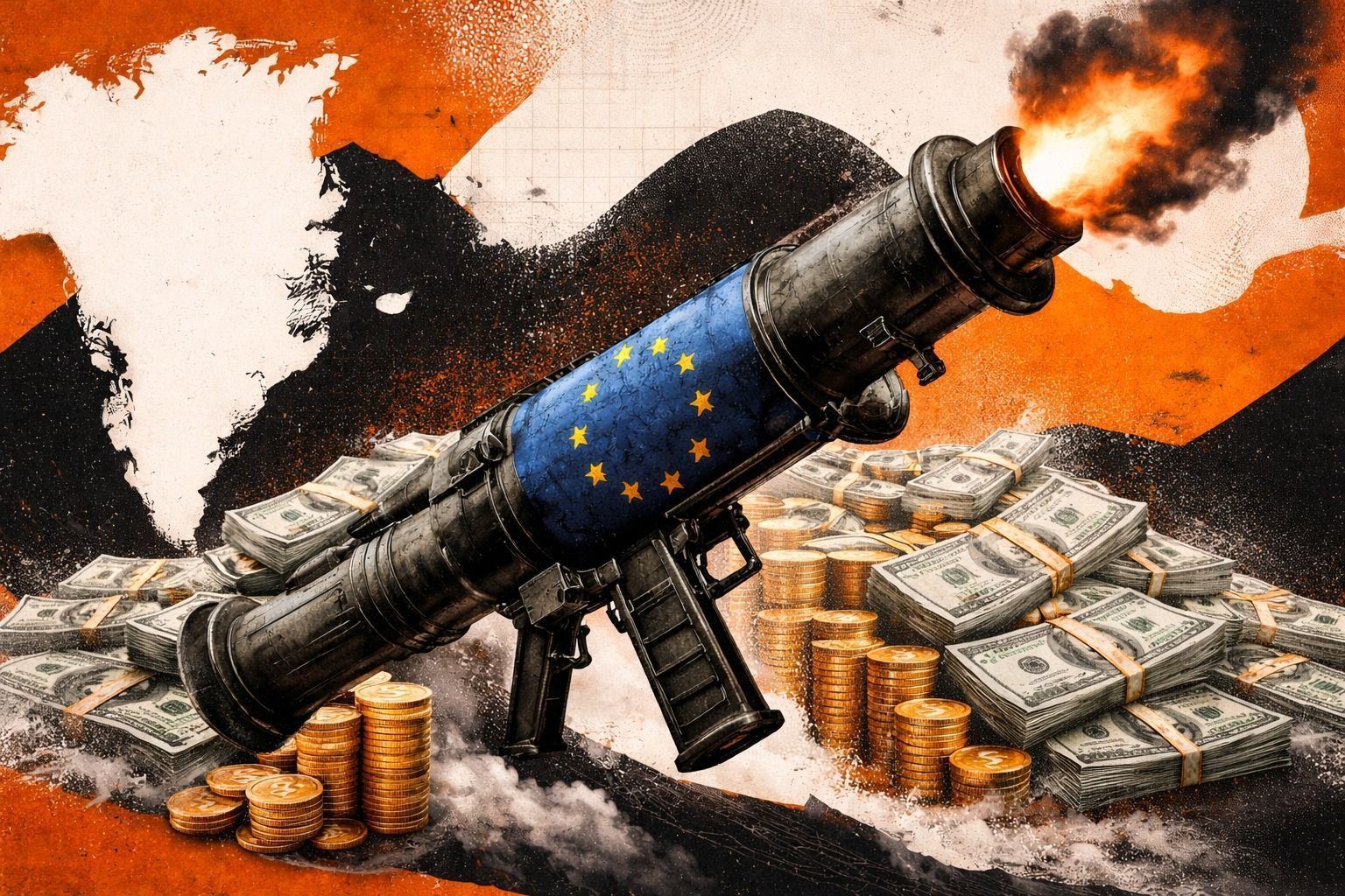 Ilustração de uma bazuca com o logo da UE em referência à retaliação planeja pela UE após ameaça tarifária de Trump