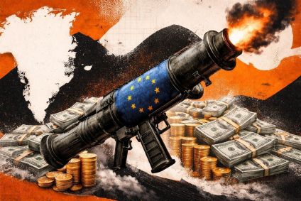 Ilustração de uma bazuca com o logo da UE em referência à retaliação planeja pela UE após ameaça tarifária de Trump