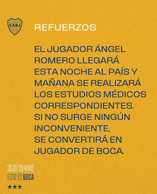 Boca Juniors anuncia Ángel Romero • Reprodução