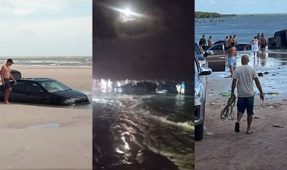 Vídeo: Réveillon termina com carros presos no mar em praias do Pará