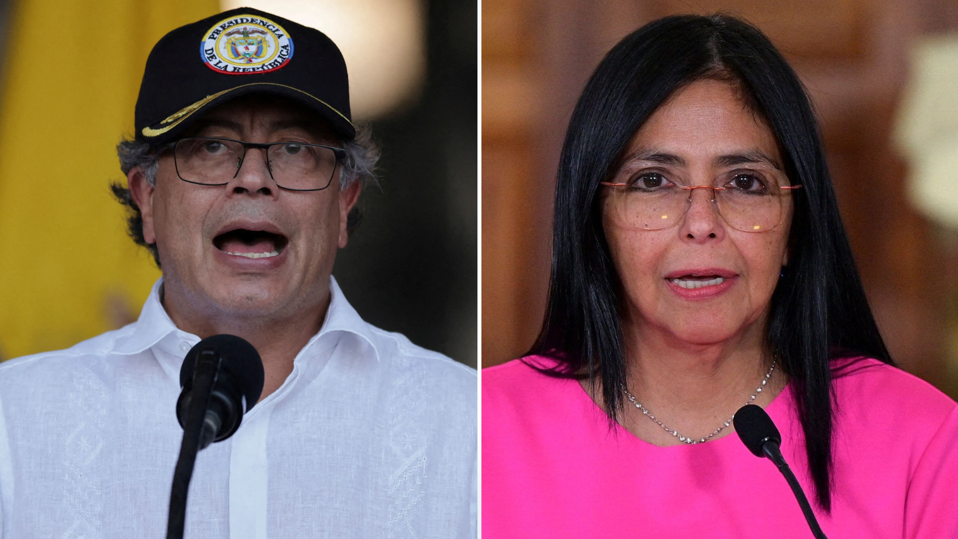 O presidente da Colômbia, Gustavo Petro (à esquerda), e a presidente interina da Venezuela, Delcy Rodríguez (à direita)