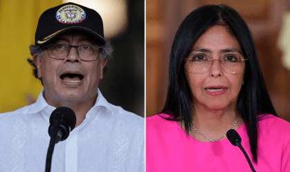 O presidente da Colômbia, Gustavo Petro (à esquerda), e a presidente interina da Venezuela, Delcy Rodríguez (à direita)