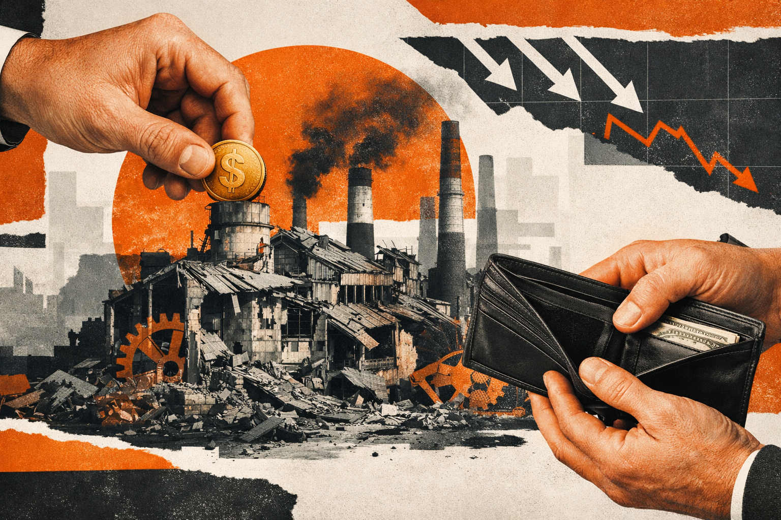 Ilustração de uma mão colocando uma moeda numa fábrica em ruínas, enquanto outras mãos seguram uma carteira vazia