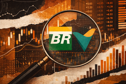 Ilustração dos logos da Petrobras e da Vale em frente a um gráfico com cotações sob uma lupa
