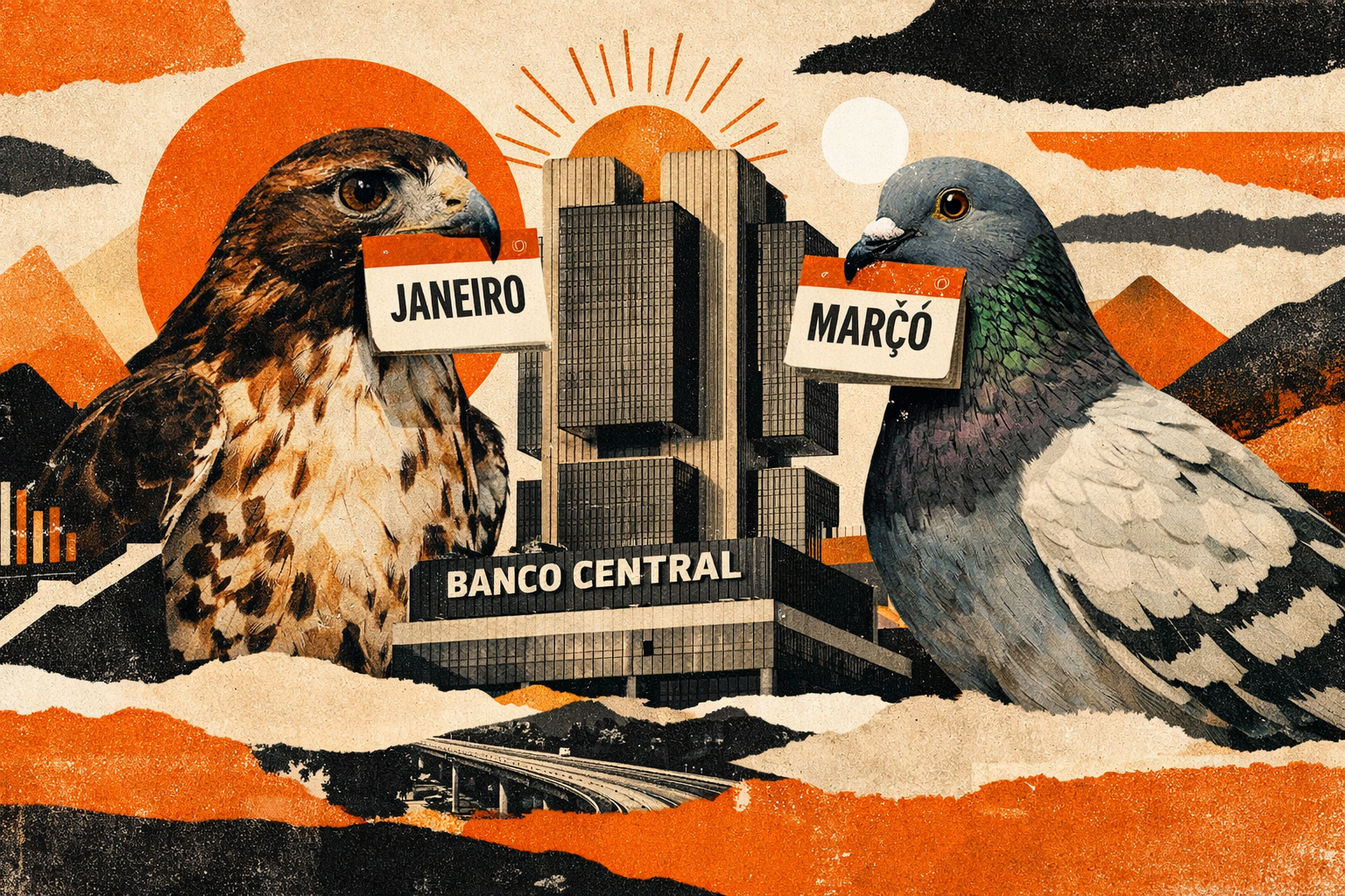 Ilustração de um falcão segurando uma placa escrito janeiro e um pombo com março ao lado do Banco Central