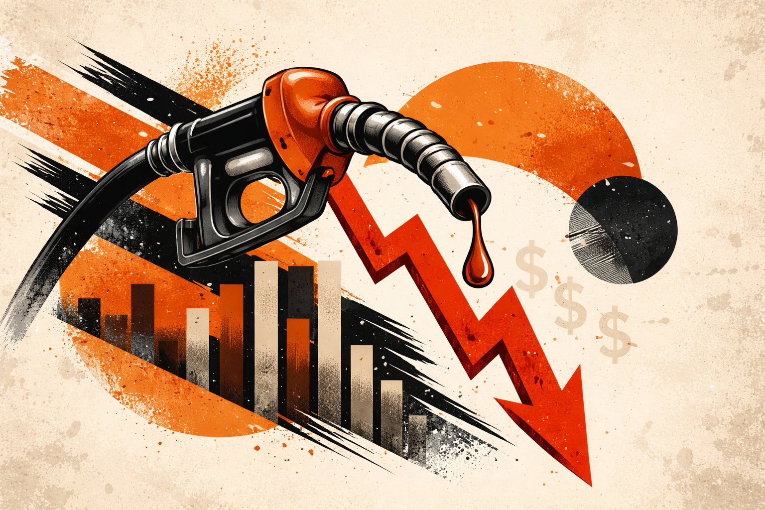 Ilustração de uma bomba de gasolina com gráficos indicando queda