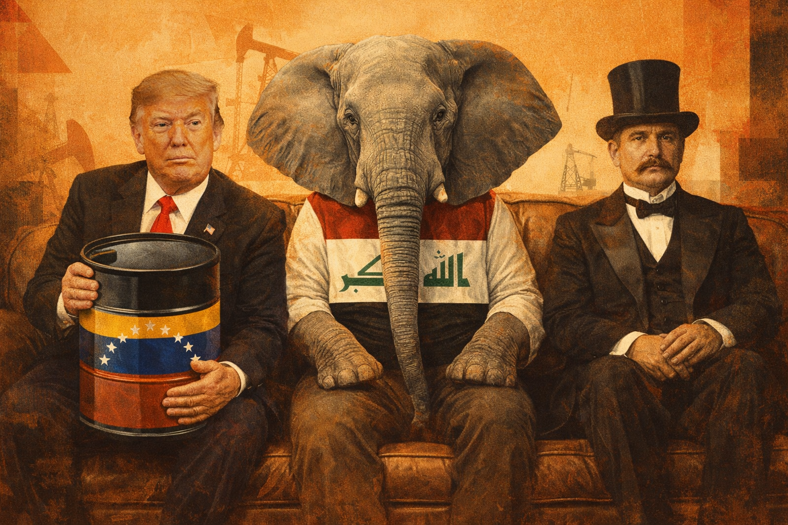 Ilustração de Donald Trump segurando um barril de petróleo com a bandeira da Venezuela, sentado num sofá ao lado de um elefante que veste uma camisa com a bandeira do Iraque e um homem de cartola. Ao fundo, poços de petróleo