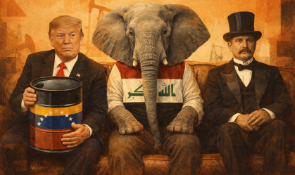 Ilustração de Donald Trump segurando um barril de petróleo com a bandeira da Venezuela, sentado num sofá ao lado de um elefante que veste uma camisa com a bandeira do Iraque e um homem de cartola. Ao fundo, poços de petróleo