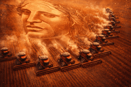 Ilustração de colheitadeiras deixando para trás um rastro com o rosto da nota de real