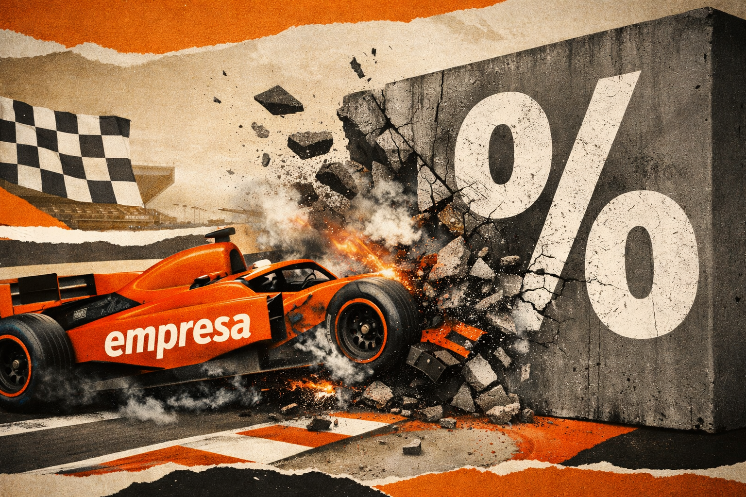 Ilustração de um carro de corrida escrito empresa batendo em um muro com um símbolo de %