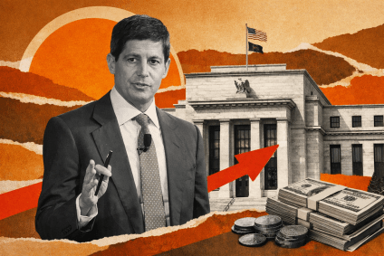 Ilustração de Kevin Warsh ao lado do prédio do Federal Reserve
