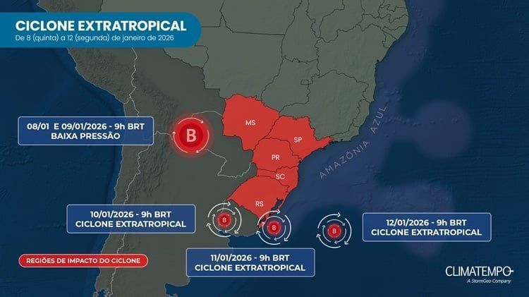 Mapa mostra as regiões que serão afetadas pelo ciclone • Climatempo
