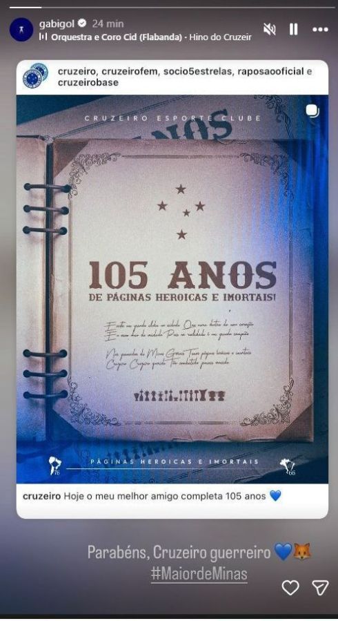 Gabigol homenageia o Cruzeiro pelo aniversário de 105 anos do clube • Reprodução/Instagram