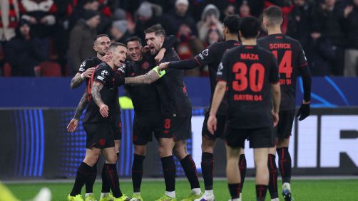 LEVERKUSEN, GERMANY - JANUARY 28: Alex Grimaldo of Bayer 04 Leverkusen celebrates scoring his team's third goal with teammates during the UEFA Champions League 2025/26 League Phase MD8 match between Bayer 04 Leverkusen and Villarreal CF at BayArena on January 28, 2026 in Leverkusen, Germany. (Photo by Lars Baron/Getty Images)