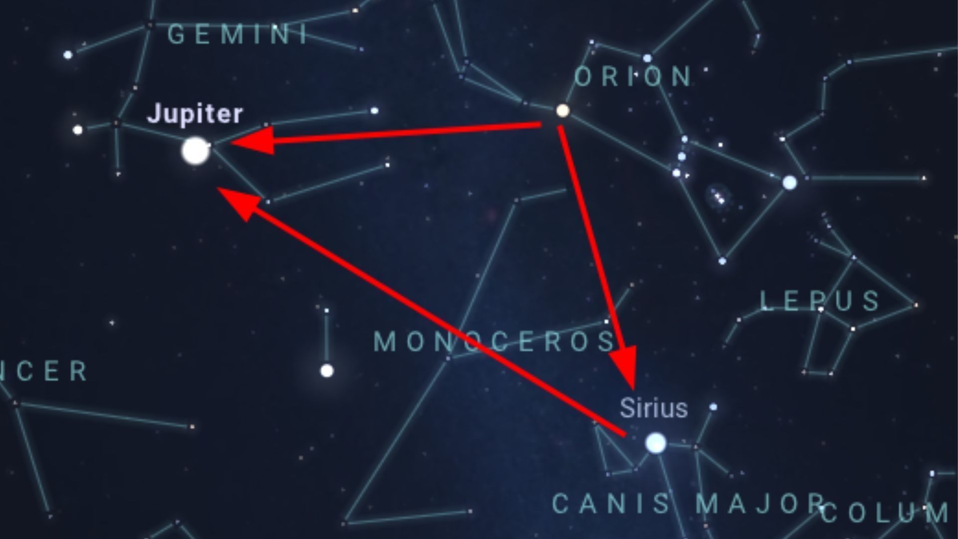 Júpiter com Sírius e Betelgeuse • Imagem do software livre Stellarium