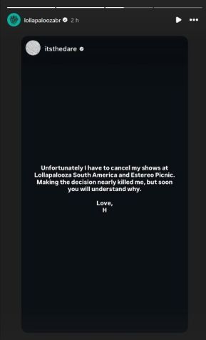 Lollapalooza cancela show do cantor The Dare • Instagram/ Lollapalooza