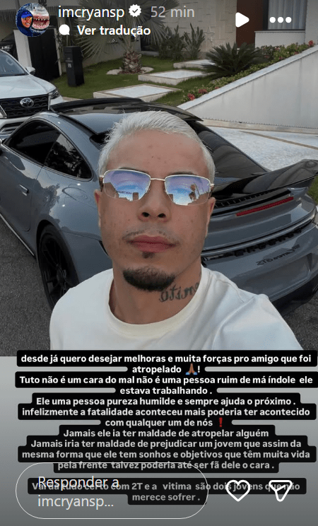 MC Ryan SP faz stories para defender MC Tuto