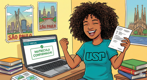 Imagem de cartoon mostra garota fazendo matrícula na USP