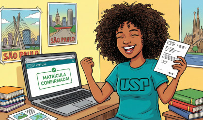 Imagem de cartoon mostra garota fazendo matrícula na USP