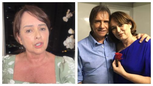 Montagem mostra Myrian Rios em vídeo defendendo Roberto Carlos (à esq.) e o ex-casal no camarim em 2018