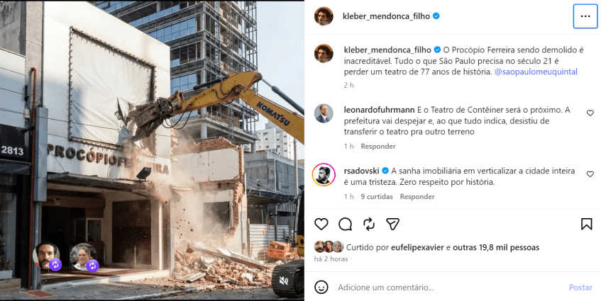 O diretor Kleber Mendonça Filho lamenta demolição do teatro Procópio Ferreira, em São Paulo • Instagram | Kleber Mendonça Filho