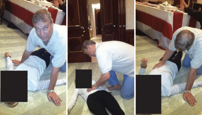 Imagens divulgadas pelo Departamento de Justiça dos EUA mostram Andrew Windsor no chão com uma mulher não identificada. • Departamento de Justiça dos EUA