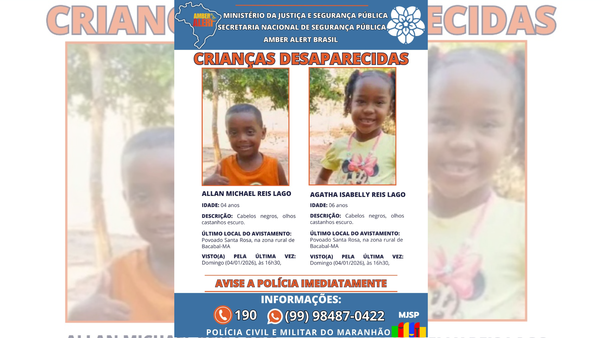 Buscas por irmãos desaparecidos no Maranhão entram em nova fase com uso do Amber Alert