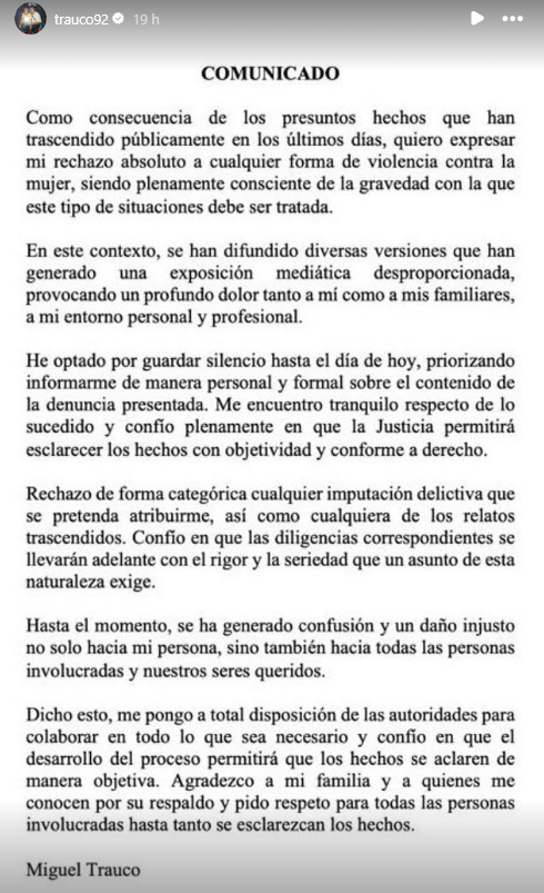Trauco publicou nota sobre acusação • Reprodução / Instagram