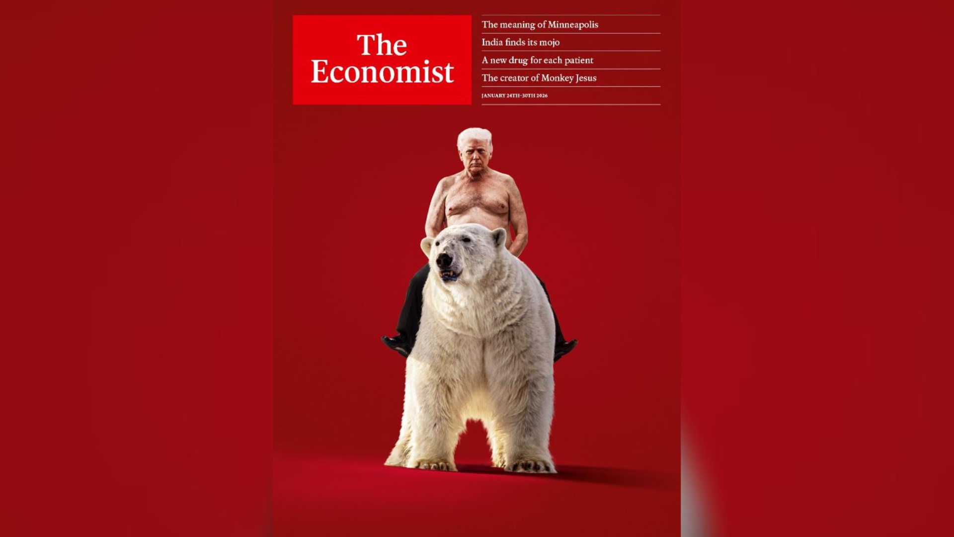Donald Trump sem camisa montado em urso polar na capa da revista The Economist