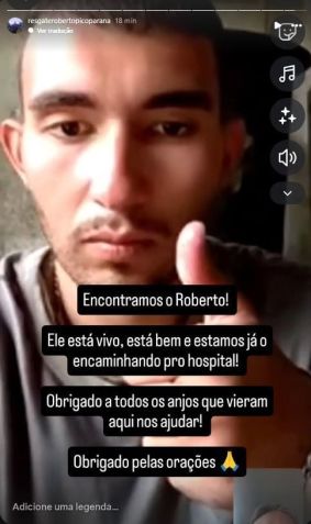Roberto após ser encontrado. • Reprodução/Redes sociais