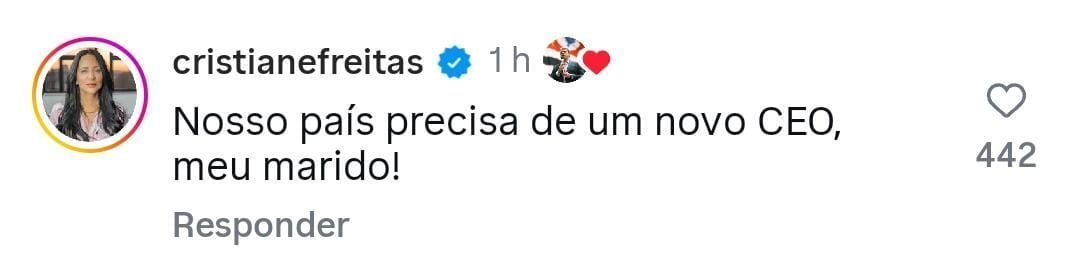 Comentário da esposa de Tarcísio de Freitas curtido pelo governador • Reprodução